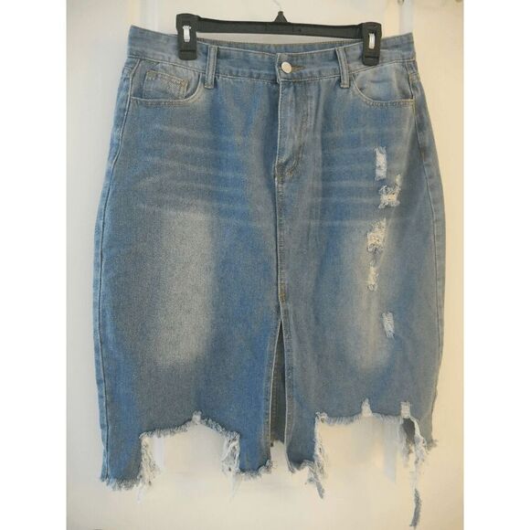 Fam Fam XL Blue Distressed Denim Skirt Front Slit Raw Hem Jean Skirt - Picture 2 of 9